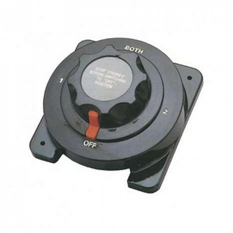 Alfa P&auml;&auml;virtakatkaisija, tukeva malli. Jousilukitus, kahdelle akulle, 12/24 V