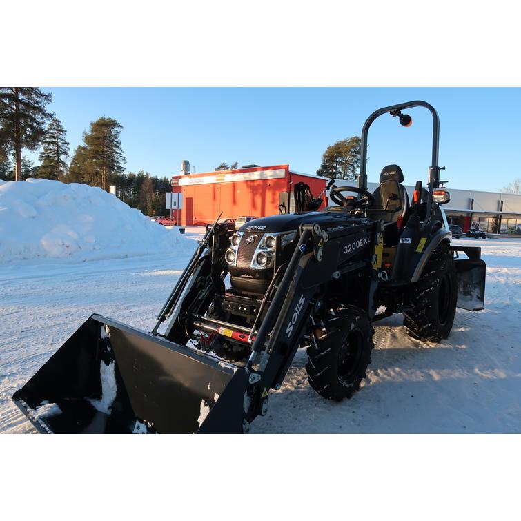 Solis 26 9+9 XL 4wd musta pientraktori etukuormaajalla ja sorakauhalla sekä KOVA lumilingolla