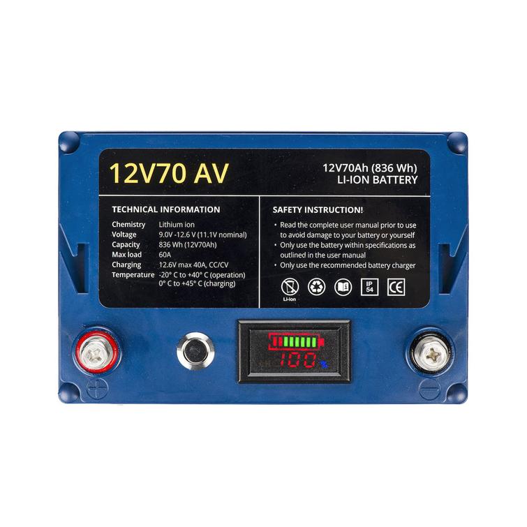 RebelCell Li-Ion akku, 12V70A (836 Wh) Jännite/varausnäyttöllä