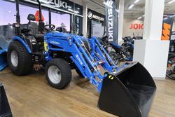 Solis 26 HST 4wd sininen pientraktori etukuormaajalla, lumikauhalla ja lingolla
