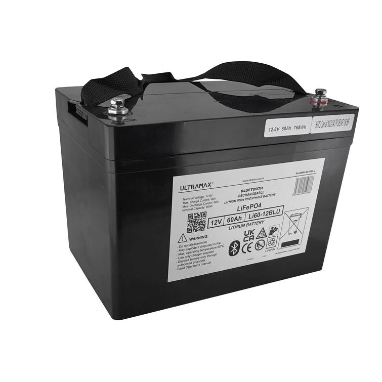 Ultramax LiFePO4 akku 12V 60Ah, bluetooth yhteys, IP65. Paino: 7,5kg
