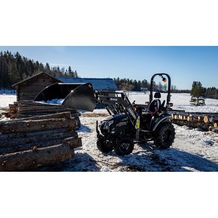 Solis 26 9+9 XL 4wd musta pientraktori etukuormaajalla ja sorakauhalla