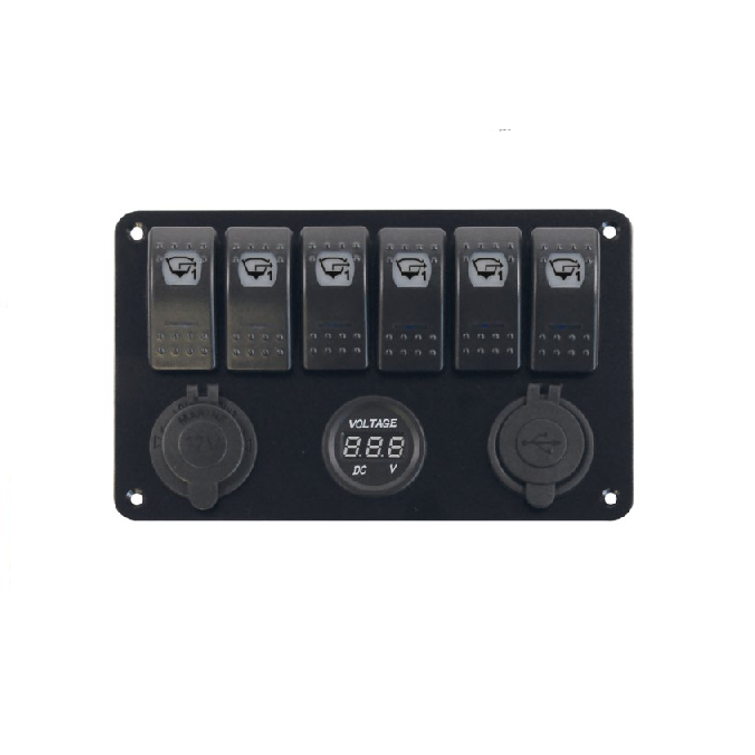 Katkaisinpaneeli 6 kytkintä + tup.syt + USB + jännitenäyttö