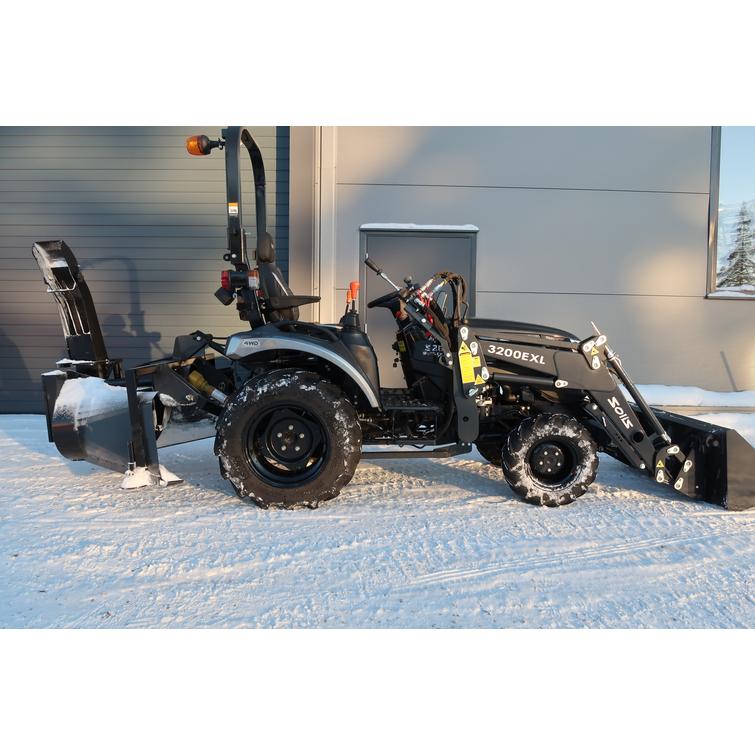 Solis 26 9+9 XL 4wd musta pientraktori etukuormaajalla ja sorakauhalla sekä KOVA lumilingolla