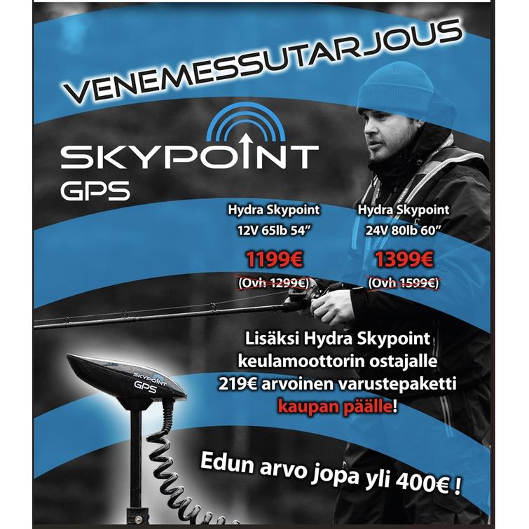 Hydra Skypoint GPS 24V keulasähkömoottori, työntövoima 80lbs, rikipituus 60". Sopii suola/makeaan veteen. Väri: Musta