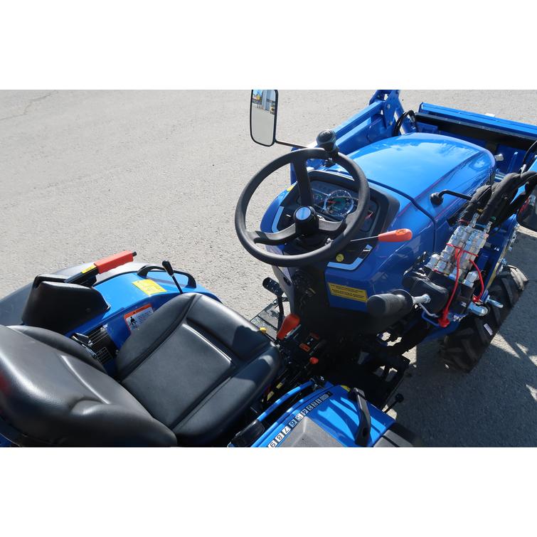 Solis 20 4wd 6+2 sininen pientraktori etukuormaajalla ja sorakauhalla sek&auml; Calix l&auml;mmittimell&auml;