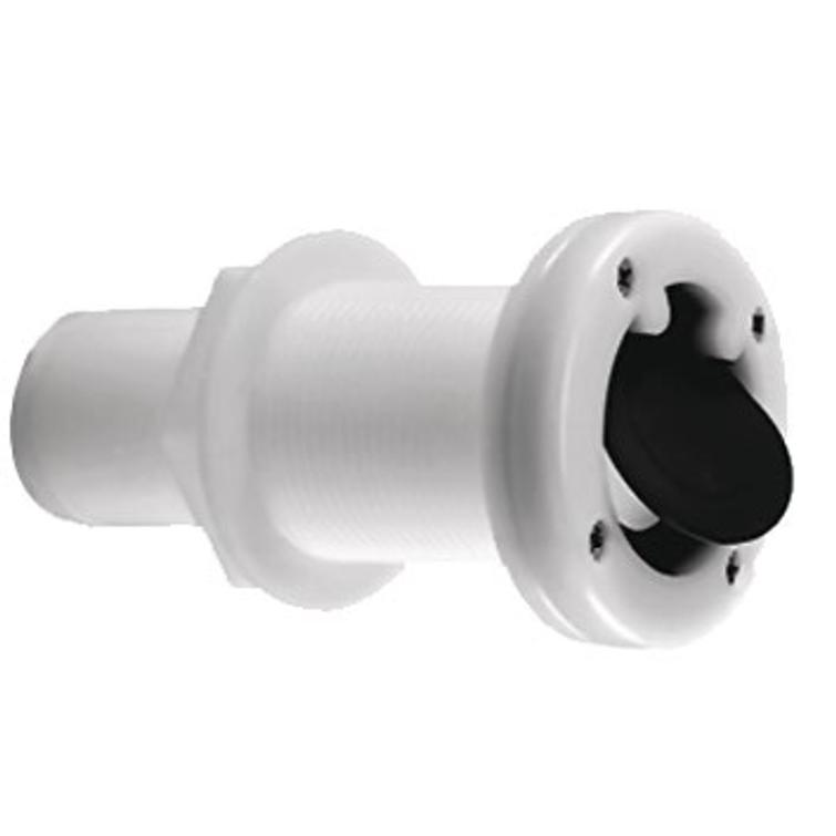 Läpivienti takaiskuventtiilillä, valkoinen nailon ja musta vinyyliläppä, halkaisija 38 mm letkulle